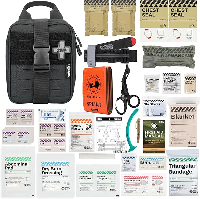 RHINO RESCUE IFAK Trauma Kit Pro with CAT Tourniquet (Black) | TCCC Compliant, Combat-Proven, Tactical Molle Pouch, Professional First Aid Kit, Military Medical Kit, HSA/FSA Approved