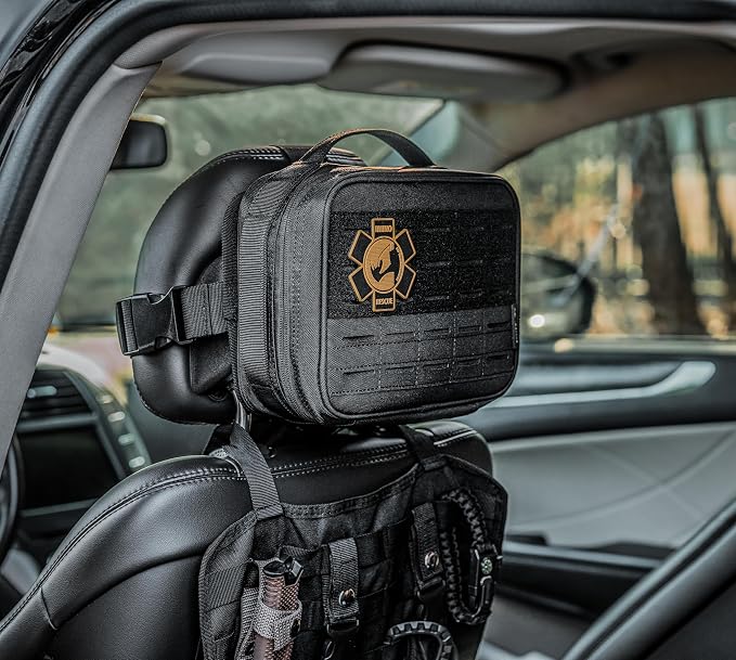 RHINO RESCUE Vehicle IFAK Trauma Kit with CAT Tourniquet Black | Car Headrest Pack, Molle System, TCCC Compliant, Trauma First Aid Kit, Vehicle/Backpack Mount, HSA/FSA Approved