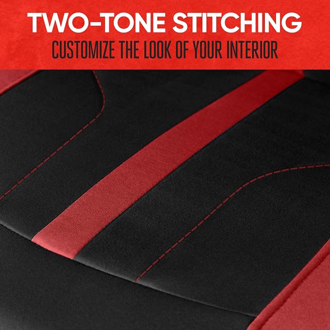 Motor Trend Front & Rear Car Seat Covers Full Set - Red Cloth Bucket Seat Covers for Front Seats + Waterproof Rear Split Bench Cover – Universal Fit for Car Truck SUV Van Interior Protection