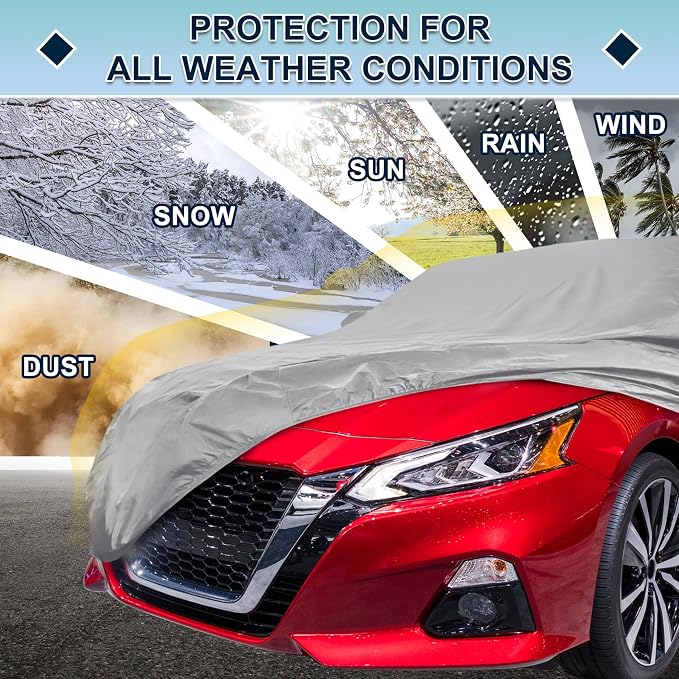 Silver Tone Heavy Duty Waterproof Car Cover for Sedan 201"-207" - All-Weather UV Protected Outdoor Full Exterior Cover with Sun/Snow/Rain Resistance