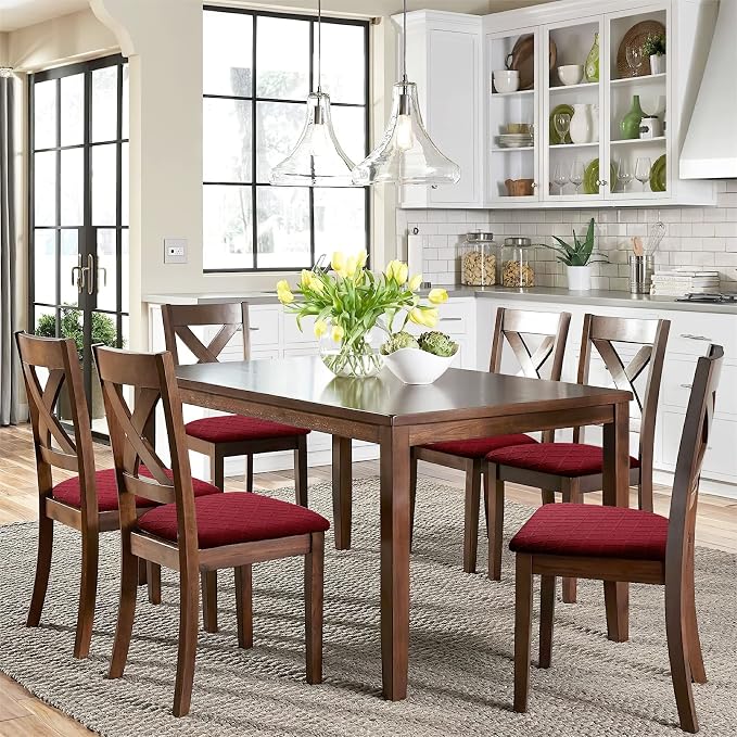 Fuloon Waterproof Seat Cushion Covers 6 PCS, Stretch Jacquard Chair Seat Covers Washable Dining Room Chair Slipcovers Removable Kitchen Cushion Protector (6, Waterproof-Wine Red)
