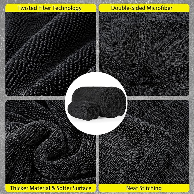 Aodaer 2 Pack Car Drying Towel, 1200GSM Microfiber Towels for Cars | 24 x 48 Inch & 12 x 12 Inch Super Absorbent Detailing Towels Dual Sided Streak-Free Twisted Loop for Auto SUV Truck Boat Home
