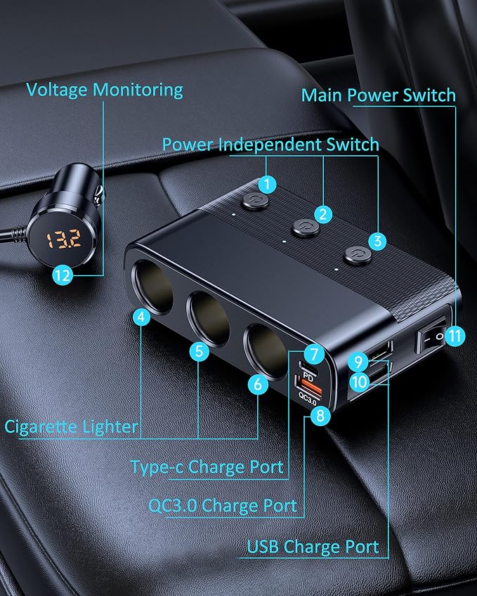 LIHAN 7-1 Cigarette Lighter Splitter, 3-Socket Adapter with PD 30W Type-C | 12V/24V Car Charger, QC3.0 & Dual USB Ports, Independent Switches, Voltage Display, 3.3FT Extension Cord for Truck RV SUV