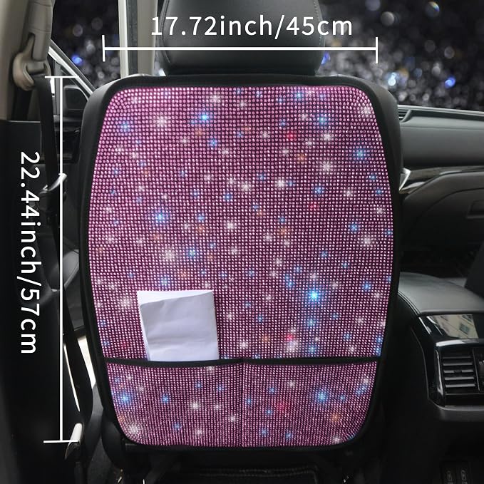 Bling Kick Mats for Car Seats with Pockets – Crystal Diamond Protectors for Girls & Women, Easy-to-Install Backseat Kick Mats with Storage & Sparkling Rhinestones Pink 2pcs