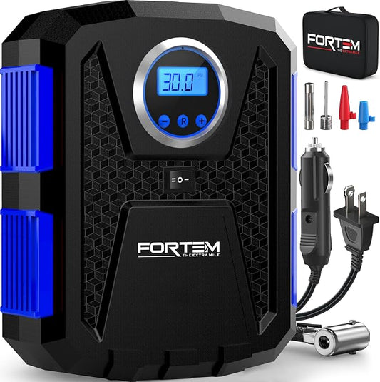 FORTEM Tire Inflator Portable Air Compressor, Air Pump for Car Tires and Bikes, Car Tire Pump w/Auto Shut Off, 150 PSI, 110V AC 12V DC, LED Light, Carrying Case, Perfect For Men, Women