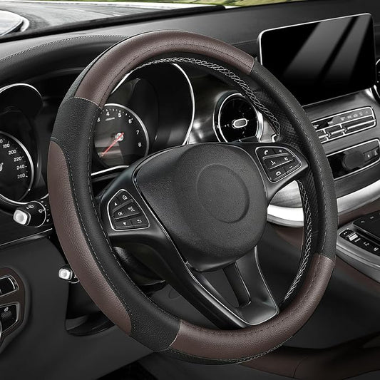 SEG Direct Steering Wheel Cover for Car, Standard Size 14.5-15 inch, Auto Interior Accessories, Black and Dark Brown