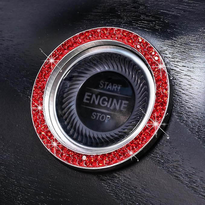 ToBeQueen Push Start Button Bling Rings Auto Car Engine Start Stop Button Sticker Emblem,Rhinestone Bling Red Car Accessories Decor for Women 2 Pcs,Red