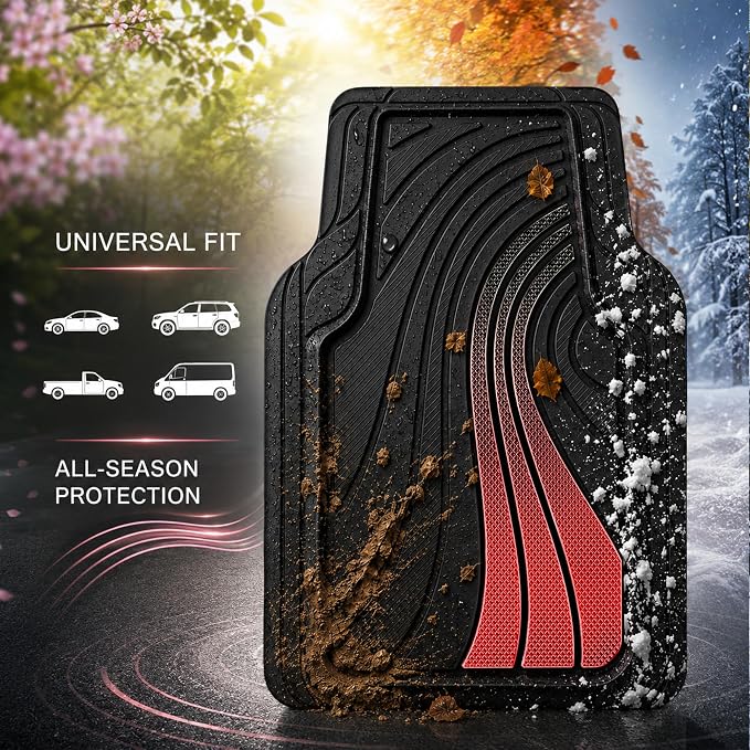 Road Comforts Car Floor Mats Full Set – Front & Rear Car Floor Mats with Aluminum Design, Anti-Slip Backing, All-Weather Protection, Trim-to-Fit Car Mats for Most Sedans, SUVs & Vans - Red