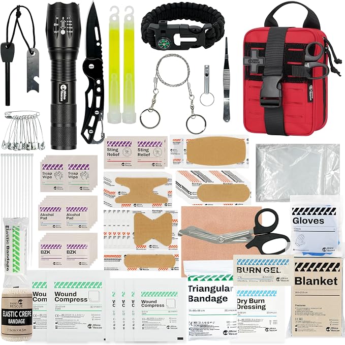 RHINO RESCUE Survival First Aid Kit for Hiking, Backpacking | Portable Size, IFAK Molle Pouch, Essential Outdoor Gear, 100+ First Aid Supplies, 20+ Survival Essentials, HSA/FSA Approved