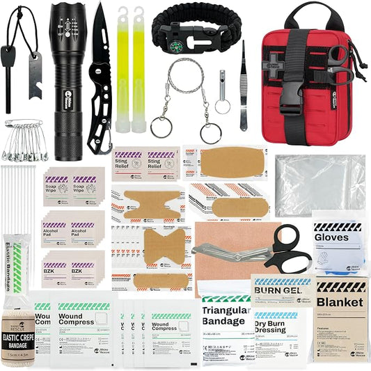 RHINO RESCUE Survival First Aid Kit for Hiking, Backpacking | Portable Size, IFAK Molle Pouch, Essential Outdoor Gear, 100+ First Aid Supplies, 20+ Survival Essentials, HSA/FSA Approved