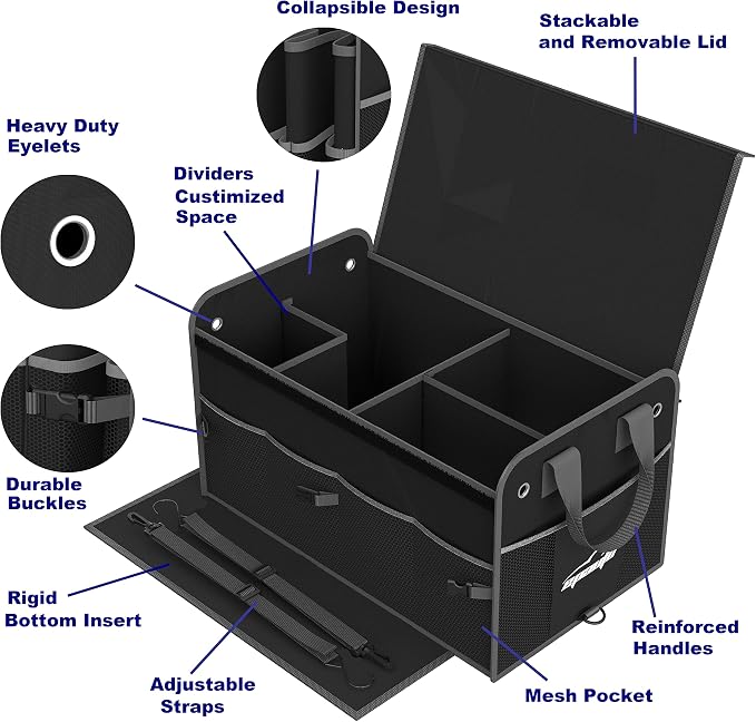 EPAuto Car Trunk Organizer with Lid & Adjustable Multi Compartment for SUV | with Side Pockets and Securing Straps, Foldable