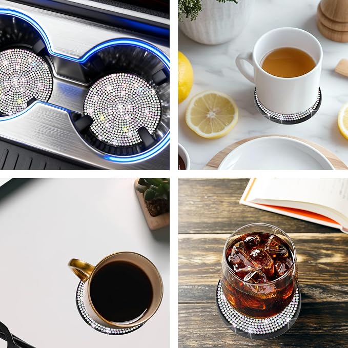 BFXM 2 PCS Bling Cup Holder Coaster, Car Accessories for Women 2.75 inch Diamond Universal Non-Slip Silicone Cup Holder Coasters, Sparkly Bling (Colorful)