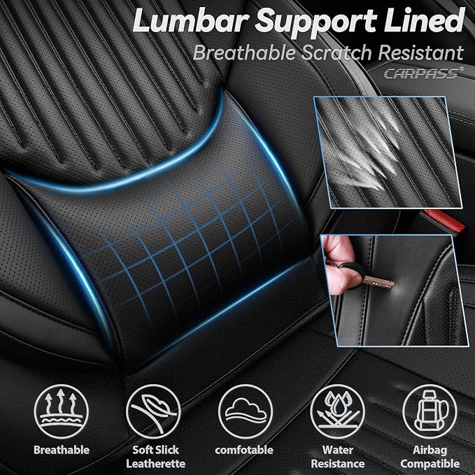 CAR PASS Luxury Nappa Leather Car Seat Covers Two Front, Lumbar Support Seat Covers for Car 2 Seats, Waterproof Car Seat Protector, Automotive Seat Cover Universal Fit for Most Sedans SUV Trucks Black