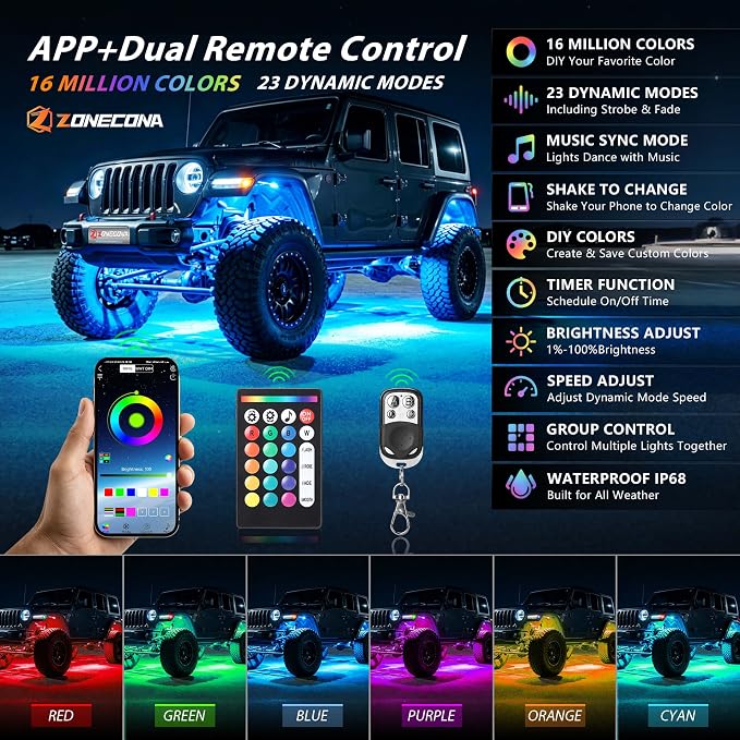 16Pods RGB LED Rock Lights Kit with APP/RF Remote Control Dual Zone Brake, Car Underglow Lights Multicolor Neon Underbody Light for Trucks Pickup Jeep Golf Cart SXS ATV UTV Off Road 12V