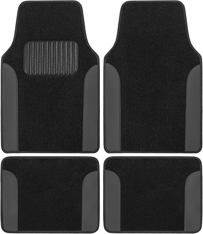 BDK Carpet Floor Mats for Cars, Two-Tone Carpet Car Mat with Faux Leather Accents, Automotive Floor Mat Sets with Built-in Heel Pad, Stylish Interior Car Accessories Grey
