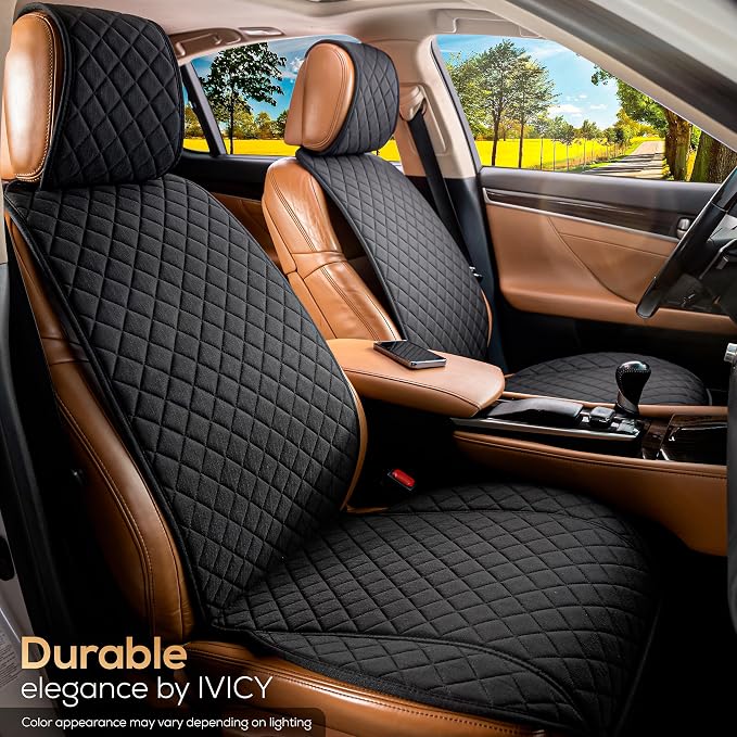 IVICY Faux Linen Front Car Seat Cover – Non-Slip Bucket Seat Protector for Most Cars, SUVs, Vans & Trucks – 1 Seat Cover, Machine Washable, Side-Airbag Friendly, Black