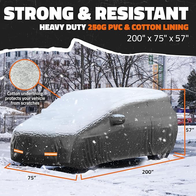 Mockins 200"x75"x57" SUV Car Cover Waterproof All Weather Heavy Duty Tarp | Dual-Layer 250G PVC & Soft Cotton Lining Full Exterior Covers | Windproof Large Car Cover for Snow & Rain with Buckle Strap