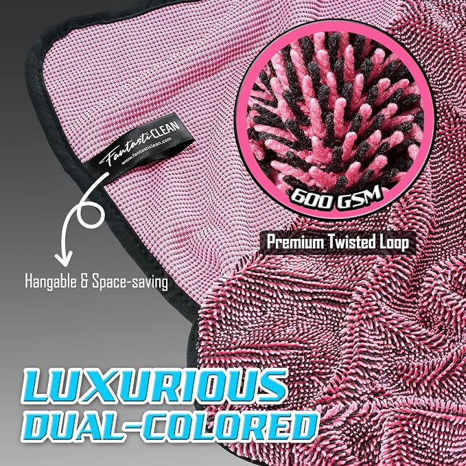 Fantasticlean Microfiber Car Drying Towels- 2 Pack, 32‘’x 24'' (Pink, Blue) | Dual-Colored Twisted Loop, Ultra Absorbent, Scratch-Free Premium Detailing Cloth for Car, RV, Motorcycles, Trucks