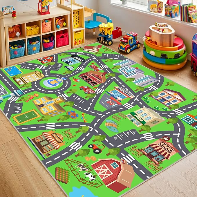 Kids Room Rug, Non-Slip 4x5ft Car Rug City Road Play Mat Rugs Playroom | Soft, Durable Childrens Road Carpet Playmat, Washable Kids Play Rug, for Classroom Bedroom Boys, Flame Resistant