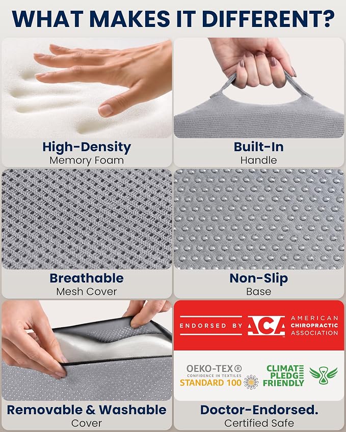 5 STARS UNITED Seat Cushion - Memory Foam Chair Cushion for Tailbone Pain Relief - Ergonomic Support for Coccyx, Sciatica & Butt - Office, Desk & Gaming Chair, Car Seat, Wheelchair, Airplane, L Gray