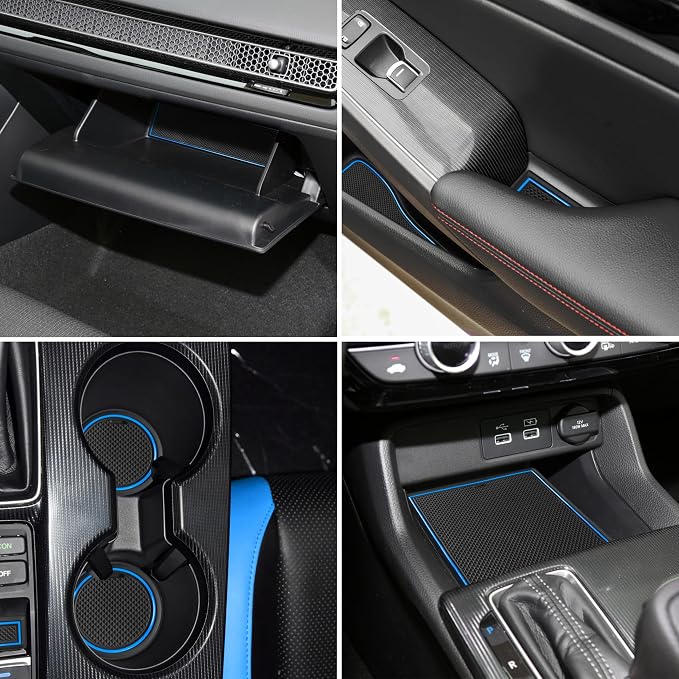 for Honda Civic Accessories 2022 2023 2024 2025 2026 11th Gen Sedan Cup Holder Insert Center Console Liner Door Slot Mats Pad Coaster Trim Premium Rubber Custom Interior 17PC Set (Blue Trim)
