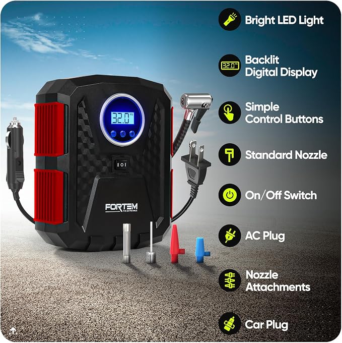 FORTEM Tire Inflator Portable Air Compressor, Air Pump for Car Tires and Bikes, Car Tire Pump w/Auto Shut Off, 150 PSI, 110V AC 12V DC, LED Light, Carrying Case, Perfect for Men, Women