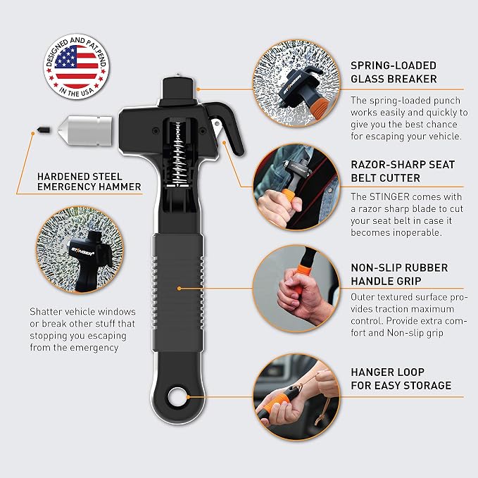 Stinger Super Duty Car Emergency Escape Tool - Hardened Carbon Steel Safety Hammer, Spring-Loaded Window Breaker, Razor-Sharp Seat Belt Cutter, Life-Saving Rescue Tool (Orange and Black)