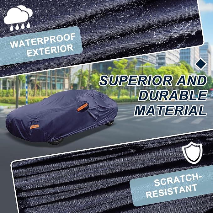 Navy Blue Heavy Duty Waterproof Car Cover for Sedan 169"-175" - All-Weather UV Protected Outdoor Full Exterior Cover with Sun/Snow/Rain Resistance