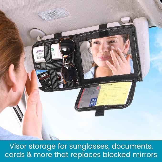 Visor Organizer with Mirror and Hidden Registration and Insurance Pocket | High Road Car and Truck Visor Organizer with Covered Mirror, Document Pockets and Grip Band Storage Panel