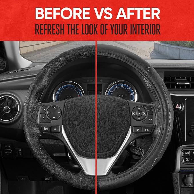 Motor Trend GripDrive Faux Black Leather Steering Wheel Cover for Car Truck Van SUV, Standard 15 inch Size, Gray Accent Stitched Car Steering Wheel Cover Vehicle & Auto Accessories