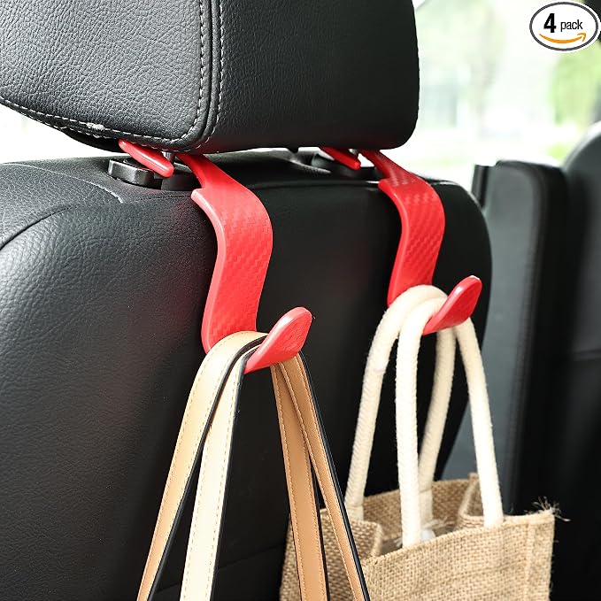 Car Seat Headrest Hook Universal Vehicle Seat Hook Hangers Interior Storage Organizer for Purse Handbag Coats Umbrellas Grocery Bags 4 Pack Red