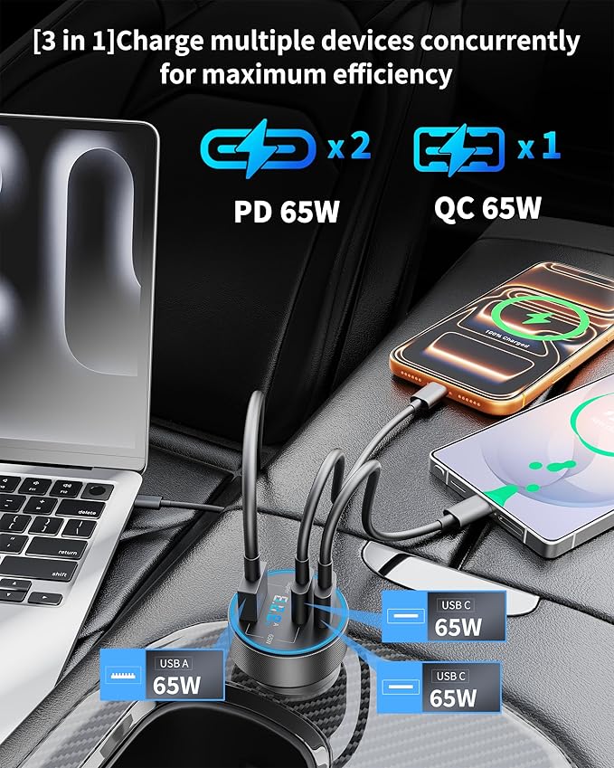 2 Pack 130W 3-Port USB C Super Fast Car Charger (with Voltage Display) for Samsung Galaxy S26/S25/S24/S23/S22 Ultra/Z Fold, Android Phone, Type C Car Charger Adapter Accessories + 240W 3FT USB C Cable
