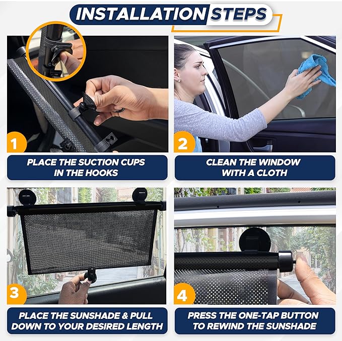 EcoNour Car Side Window Sun Shade (2 Pack) | Retractable Roller Sunshade for Kids | Baby Car Window Shades for UV and Sun Glare Protection | Baby Travel Accessories (15"x17")
