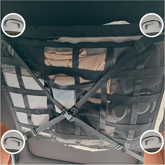Car Ceiling Cargo Net with 2 Pockets - 35.4"x25.5" Cross-Strap Reinforced Double-Layer Mesh Organizer, Adjustable for SUVs - Road Trips, Camping, Commuting Storage Organization - Black