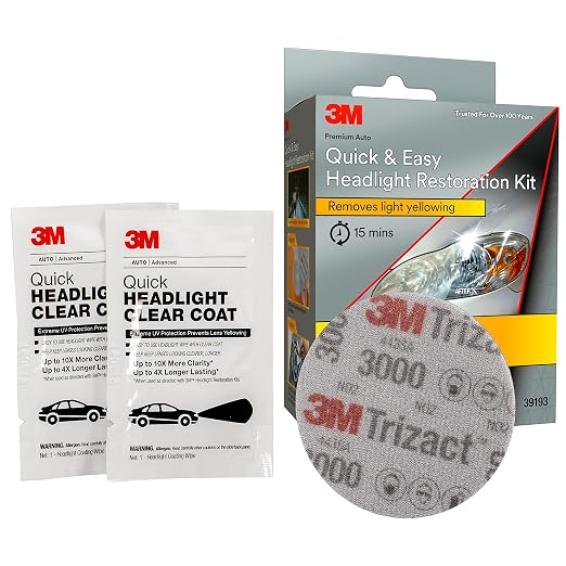 3M Quick and Easy Headlight Restoration Kit, Removes Light Yellowing in 15-Minutes, 39193, 1 Kit
