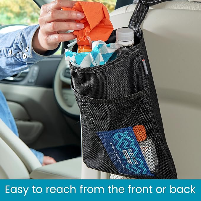 High Road Small Trash Can for Car and Auto Trash Bag for Car Front Seat | Hanging Car Trash Bag With Magnetic Closure and Front Storage Pocket - Holds a Gallon of Wet or Dry Car Garbage
