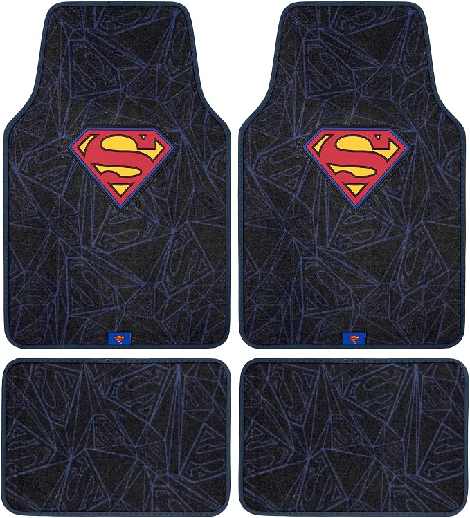 Warner Bros DC Comics Superman 4pc Carpet Floor Mats Car Accessories - Set for Car, Truck, Van, SUV - No-Slip Grip - Universal Fit Front 26" x 16.5", Rear 14" x 16.5"