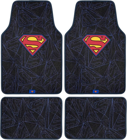 Warner Bros DC Comics Superman 4pc Carpet Floor Mats Car Accessories - Set for Car, Truck, Van, SUV - No-Slip Grip - Universal Fit Front 26" x 16.5", Rear 14" x 16.5"