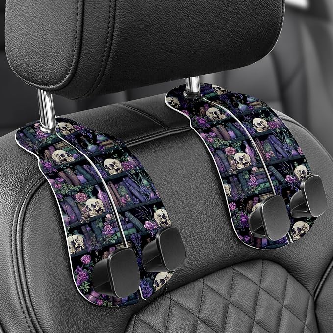 WOCOCN Purse Holder for Car, 2 Pack Heavy Duty Purse Hanger for Car, PU Leather Car Seat Hooks for Purses and Bags, Cute Purple Skeleton Headrest Organizer for Handbags & Backpacks