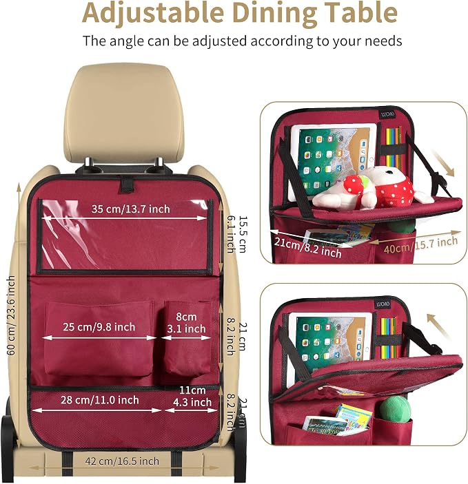 LUCMO Car Backseat Organizer with Foldable Tablet Holder,Red | 6 Storage Pockets,Foldable Food Tray,Protectors Kick Mats,Travel Accessories,Seat Cover,Road Trip Essentials
