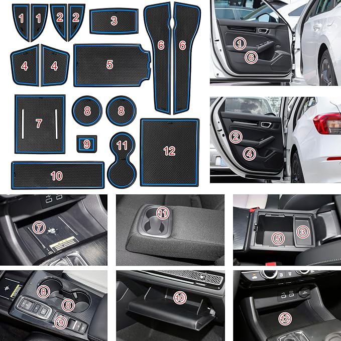 for Honda Civic Accessories 2022 2023 2024 2025 2026 11th Gen Sedan Cup Holder Insert Center Console Liner Door Slot Mats Pad Coaster Trim Premium Rubber Custom Interior 17PC Set (Blue Trim)