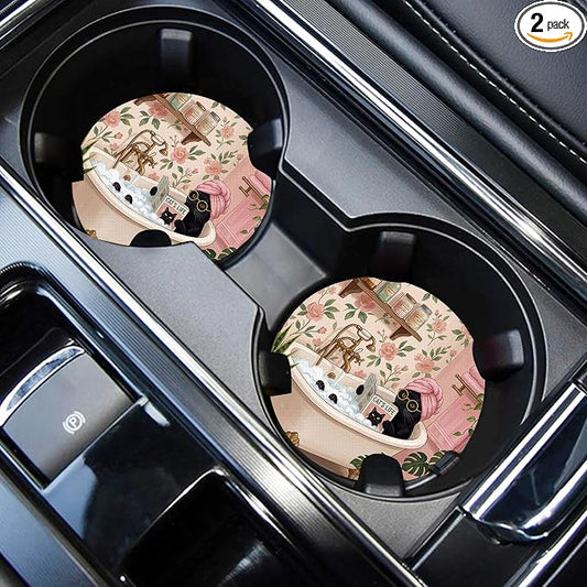 WOCOCN Car Coasters for Cup Holders - 2 Pack 2.75" Universal Rubber Car Cup Coaster, Non-Slip Waterproof Car Interior Accessories, Cute Car Decor Gifts for Women and Men (Bathing Cat)