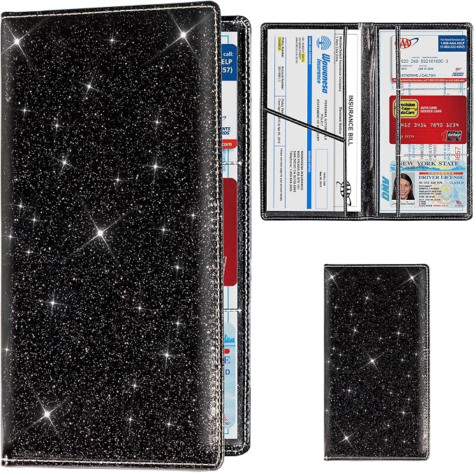 TOURSUIT Car Registration & Insurance Card Holder, Glitter Black | Vehicle License Document Organizer, Glove Box Compartment, Interior Car Accessories, For Women Men