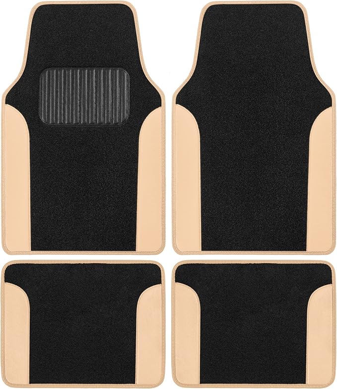 BDK Carpet Floor Mats for Cars, Two-Tone Carpet Car Mat with Faux Leather Accents, Automotive Floor Mat Sets with Built-in Heel Pad, Stylish Interior Car Accessories Beige