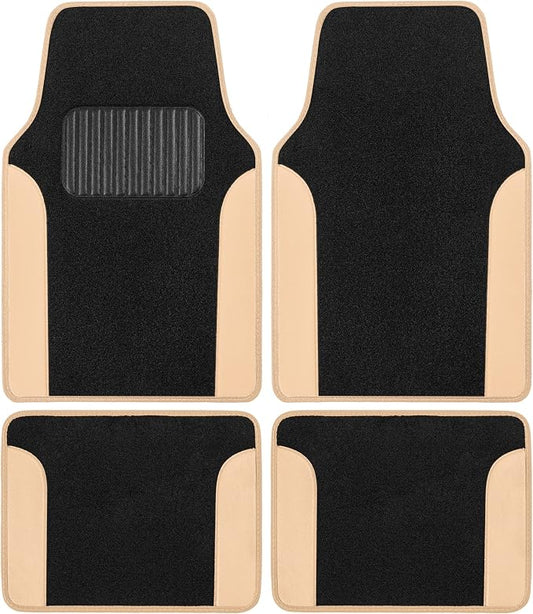 BDK Carpet Floor Mats for Cars, Two-Tone Carpet Car Mat with Faux Leather Accents, Automotive Floor Mat Sets with Built-in Heel Pad, Stylish Interior Car Accessories Beige