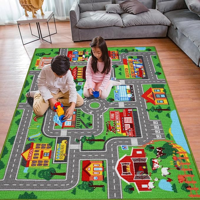 Kids Rug Car Carpet 78.7"x59", Car Rug for Kids Room Playroom Bedroom, Non-Slip Town City Road Map Rugs, Track Car Mat for Kids Boys Girls (78.7X59Inch,Green)