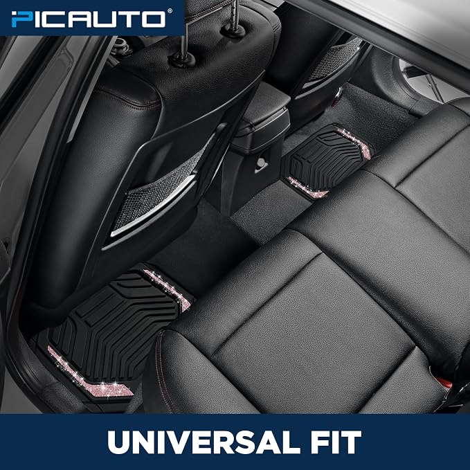 PIC AUTO Car Floor Mats, Pink Sparkly Crystal Bling Glitter Car Mats Set, Front and Rear Heavy Duty Rubber Car Mats with Anti-Slip Backing, All Weather, Trim-to-Fit for SUVs, Trucks, Sedan, Vans
