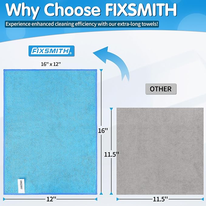 FIXSMITH Blue Microfiber Cleaning Cloth -Pack of 12, Highly Absorbent Cleaning Rags, 16"X12" All Purpose Cleaning Towels for Housekeeping, Kitchen, Car, Lint Free and Reusable Microfiber Towels