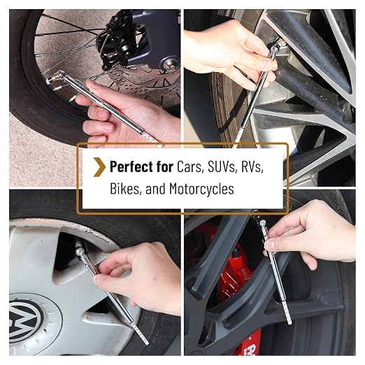 UNCO- Stainless Steel Pencil Tire Pressure Gauge, 3 Pack, 10-50PSI, 10-100PSI, 20-120PSI, Pencil Air Pressure Gauge for Tires with 16 Valve Caps