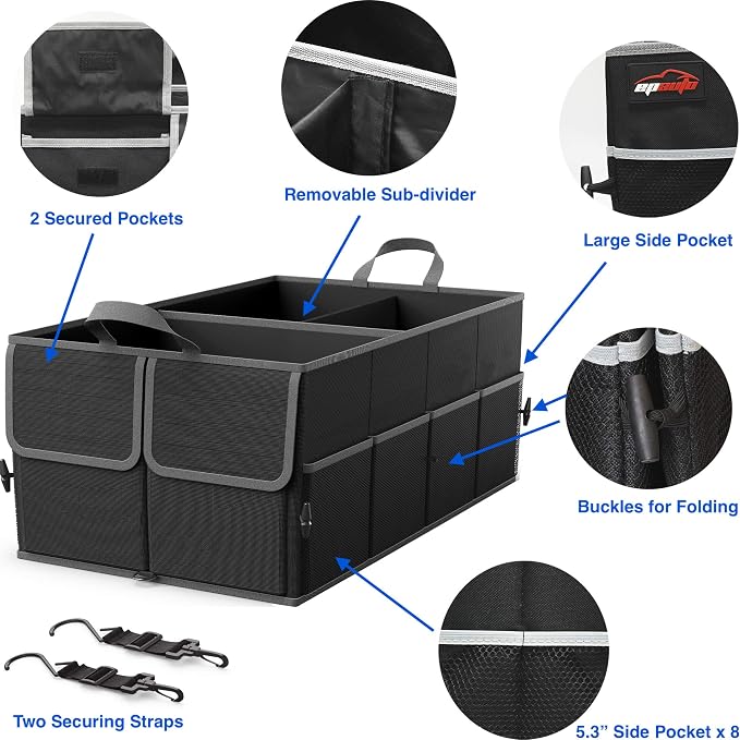 EPAuto Foldable Car Trunk Organizer for SUV, 3-Compartment, Black | with Removable Divider, Side Pockets and Securing Straps